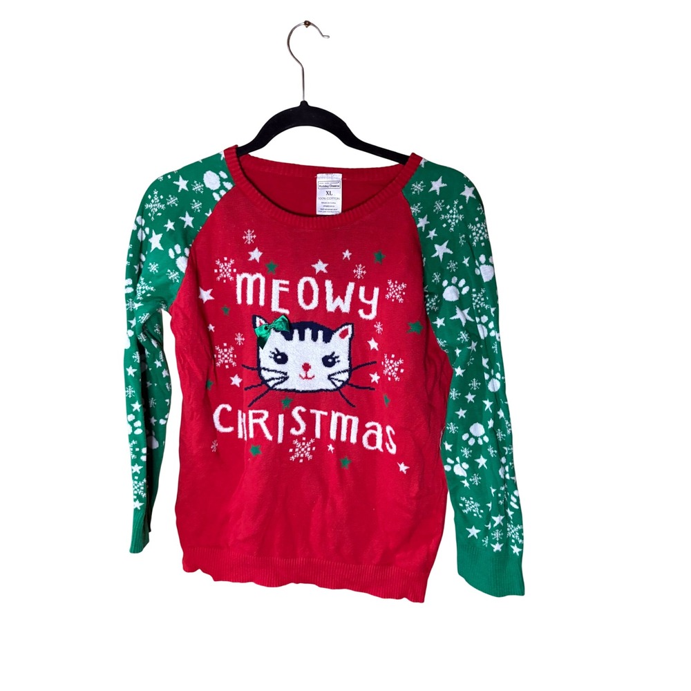 New York Laundry Holiday Classics Meowy Christmas Cat Ugly Sweater XL Red Green